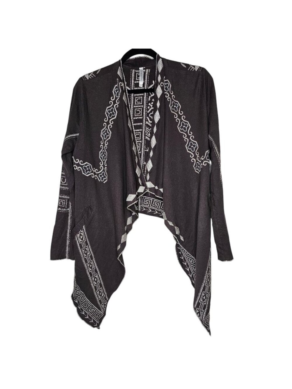 Monoreno Small Grey Cardigan Sweater Embroidered Boho Asymmetric Hem Whimsigoth